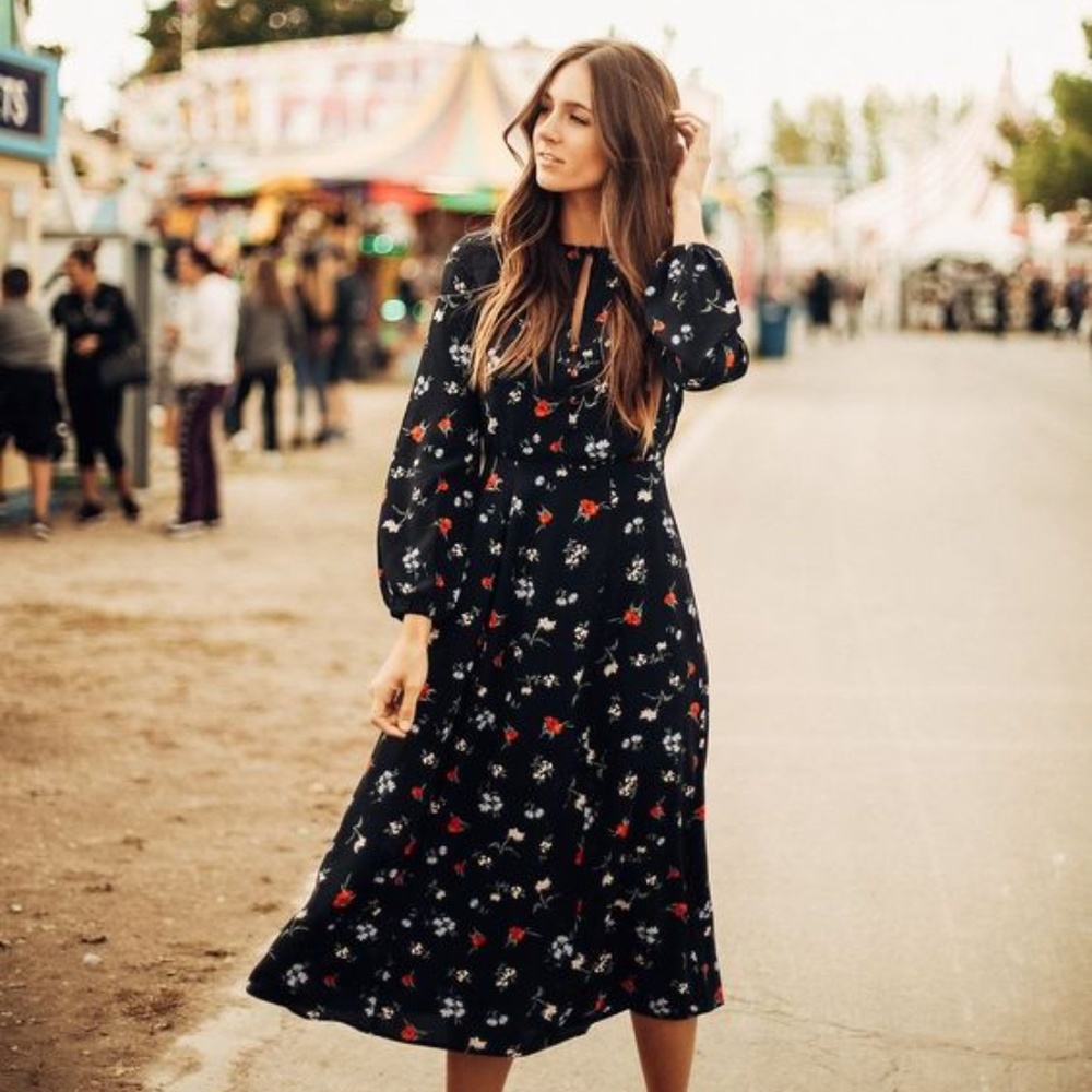 Navy Floral Midi Button Down Dress